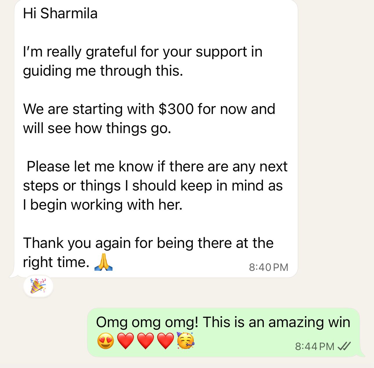 Student win screenshot: First international client · $300